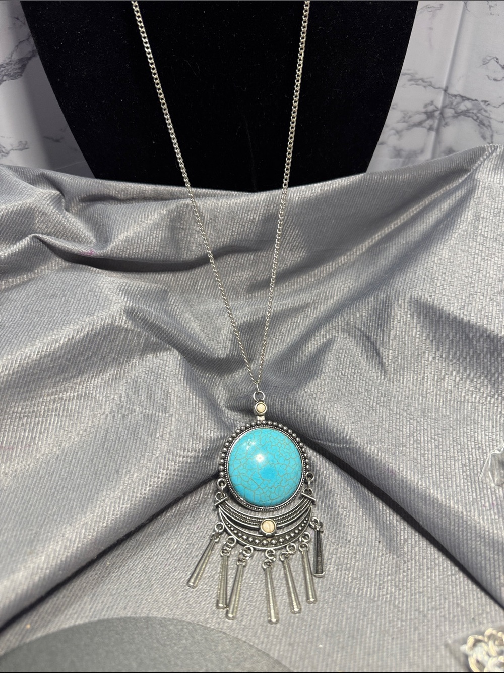 Source Unknown Silver Necklace with Turquoise Stone and Fringe